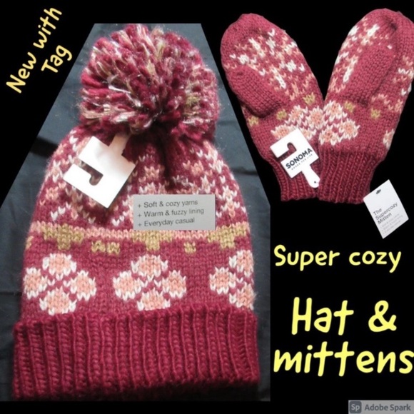 Relisted Sonoma Super cozy hat w pom & mittens retro boho vibe soft cozy yarns - Picture 2 of 12